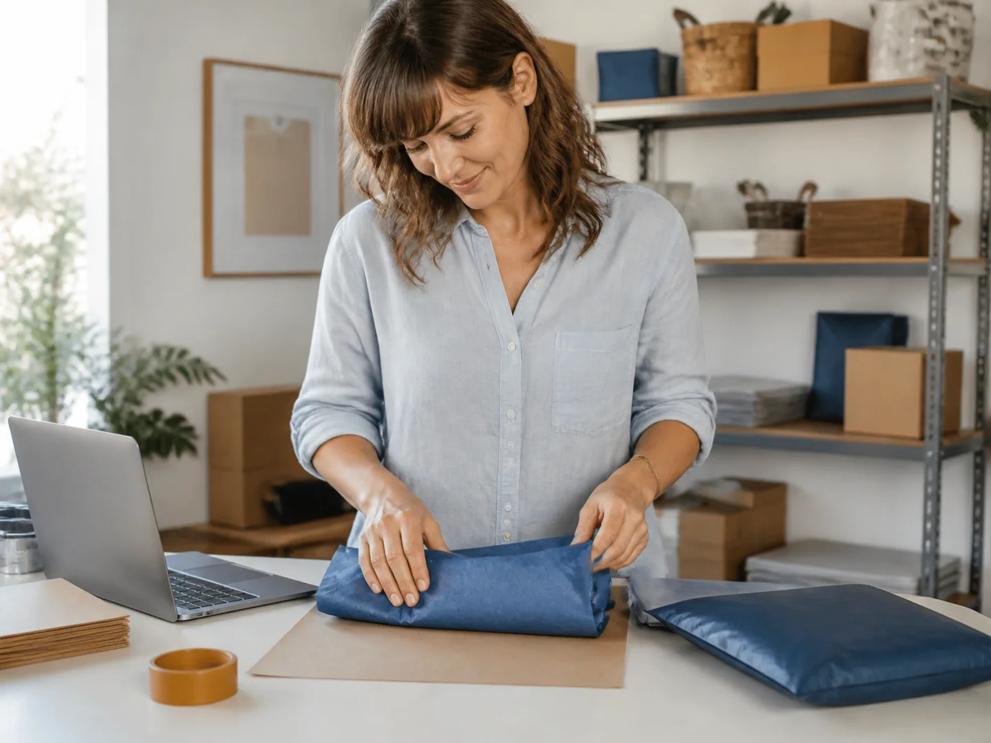 Fulfillment associate carefully packing a customer order