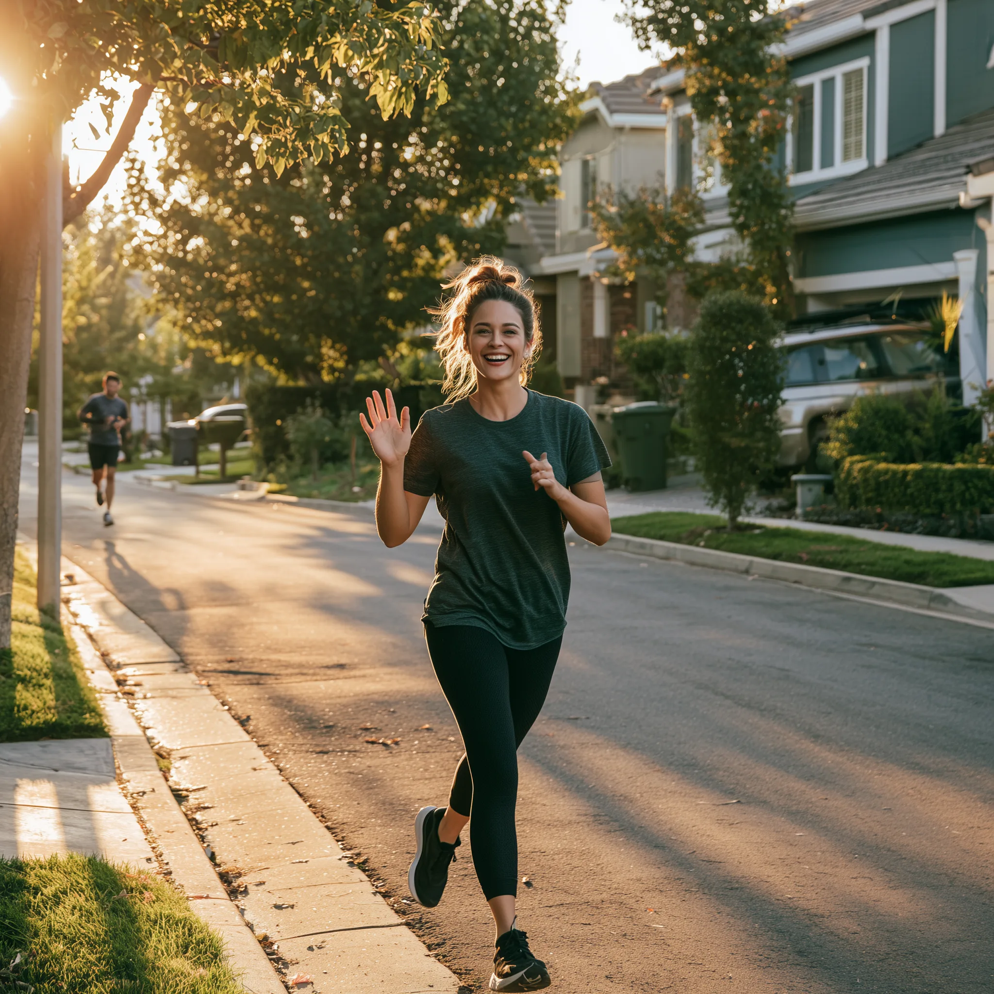 Woman jogging through a suburban neighborhood at sunset